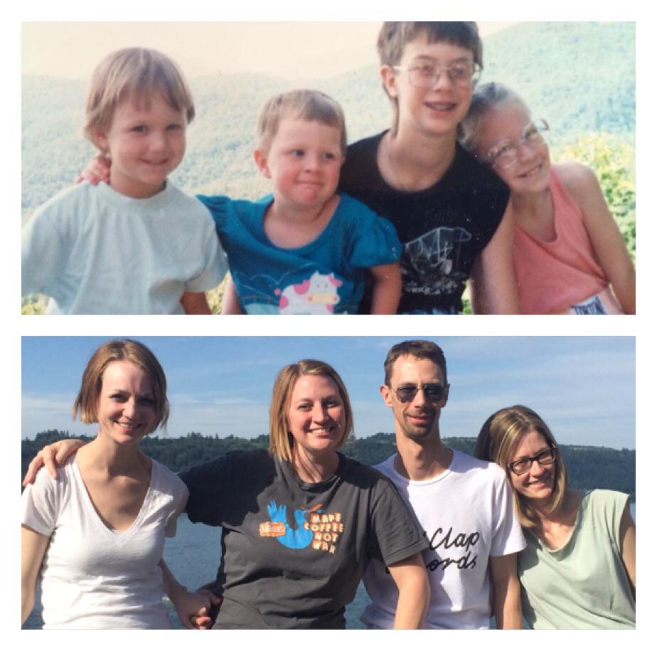 The four Wright children posed at a young age in the upper frame, recreating the same photo as adults in the lower frame. From left to right: Casey, Emily, Andy, Kelly.