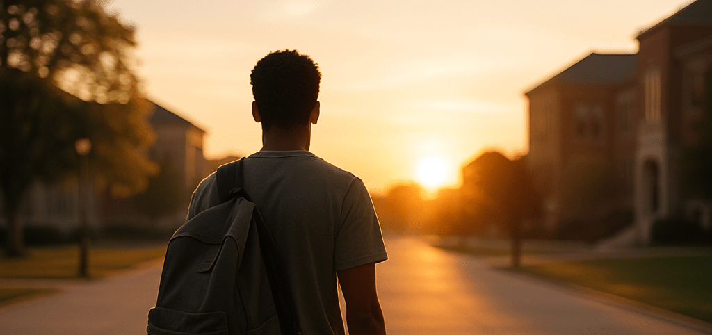 A student on campus walking towards the sunset with a backpack slung over one shoulder